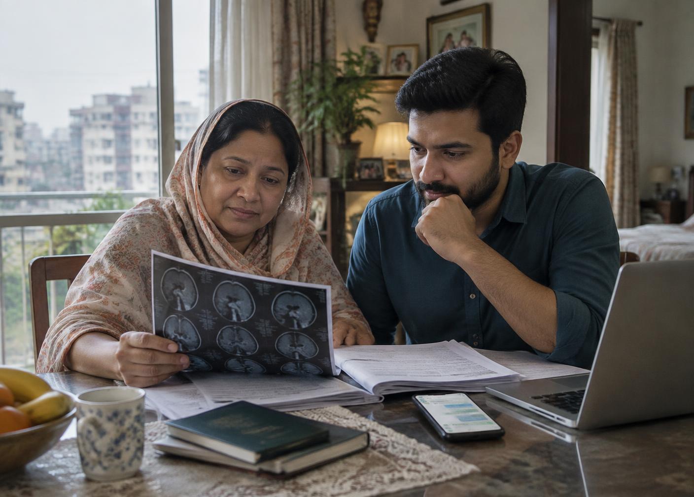 Illustrative: a family in Dhaka reviewing medical reports together