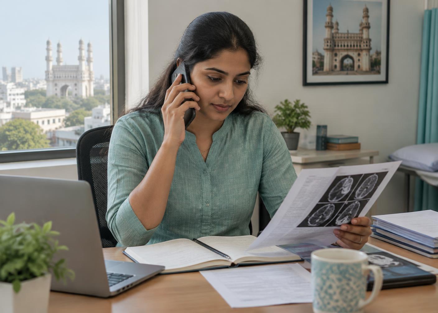 Illustrative: a coordinator in Hyderabad reviewing a patient's reports while on a call